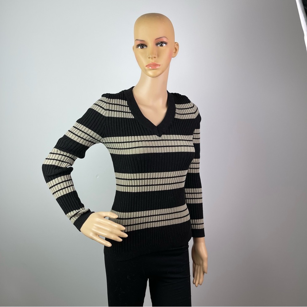 Black and Grey Striped Knit V-neck Sweater